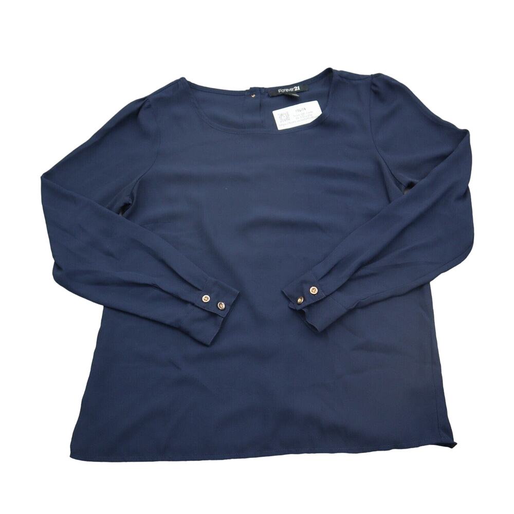 Forever21 Shirt Womens M Blue Long Sleeve Button Round Neck Sheer Blouse